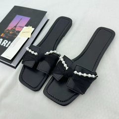 Black Bow-Detail Flat Slides PinTow