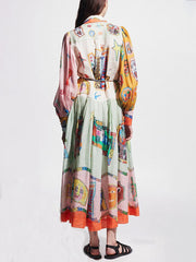 Unique Print Colorblock Balloon Sleeve Belt Shirt Midi Dress Newgew Dresses