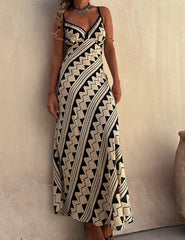 Exclusive Melody Satin Ethnic Print Smocked Back Midi Dress Newgew Dresses