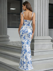 Tie Shoulder Fishtail Hem Floral Print Prom Dress Newgew Dresses