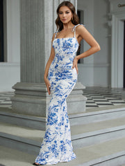 Tie Shoulder Fishtail Hem Floral Print Prom Dress Newgew Dresses