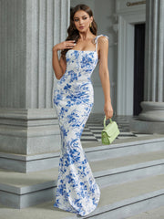 Tie Shoulder Fishtail Hem Floral Print Prom Dress Newgew Dresses