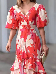 Elegant V-Neck Printed Layered Dress Newgew Dresses