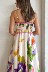 Linen Blend Unique Print Smocked Back Pocketed Midi Dress Newgew Dresses