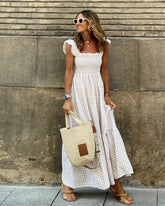 Plaid Ruffled-Sleeve Smocked Maxi Dress Newgew Dresses