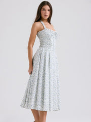 White Halter Backless Dress with Bluebell Floral Print Newgew Dresses