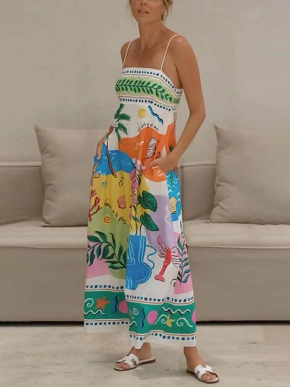 Unique Printed Strapless Sleeveless Resort Style Midi Dress Newgew Dresses