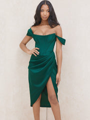 Cap Shoulder Corset Bodycon Midi Dress - Dark Green Newgew Dresses