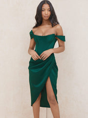 Cap Shoulder Corset Bodycon Midi Dress - Dark Green Newgew Dresses