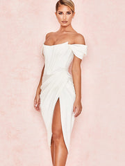 Cap Shoulder Corset Bodycon Midi Dress - White Newgew Dresses