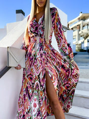 V-Neck Long-Sleeved Belted Maxi Dress Newgew Dresses