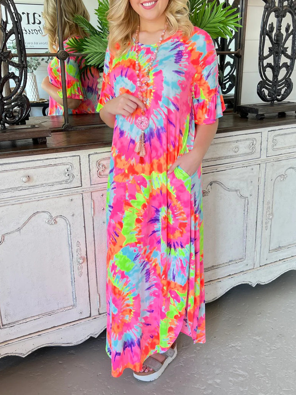 Tie-dye positioning casual V-neck pullover skirt short-sleeved long skirt Newgew Dresses