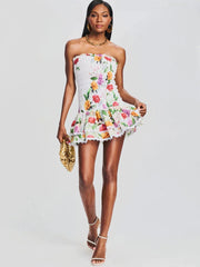 Ruched Stretch Bustier Lace-Trim Mini Dress Newgew Dresses