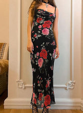 Floral Print Mesh Spaghetti Strap Maxi Dress Newgew Dresses