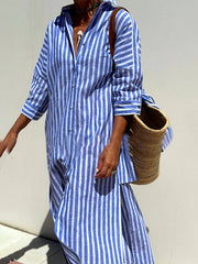 Splendor Stripes Printed Button Half Sleeve Belt Shirt Midi Dress Newgew Dresses