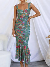Sweetheart Neck Strap Printed Pleated Mesh Maxi Dress Newgew Dresses