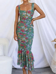 Sweetheart Neck Strap Printed Pleated Mesh Maxi Dress Newgew Dresses