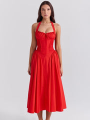 Red Backless Halter Midi Dress Newgew Dresses