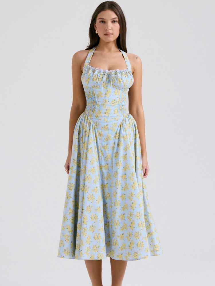 Soft Blue Vintage Floral Print Backless Tank Dress Newgew Dresses