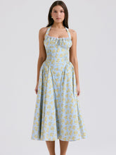 Soft Blue Vintage Floral Print Backless Tank Dress Newgew Dresses