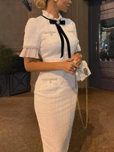 Tweed Pearl Trim Bow Design Formal Midi Dress Newgew Dresses