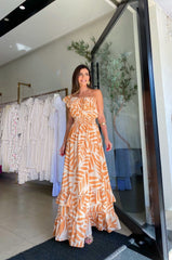 One Sleeve Palm Printed Self-Tie Tiered Maxi Dress Newgew Dresses