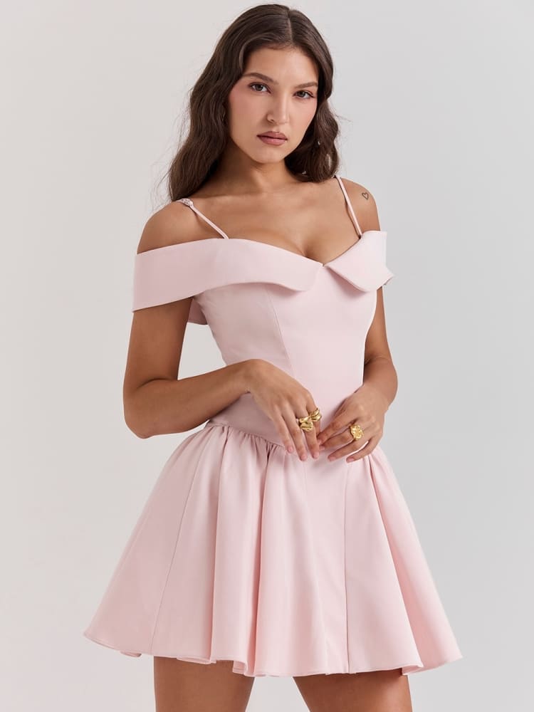 Ballet Pink Off-Shoulder Spaghetti Strap Mini Dress Newgew Dresses