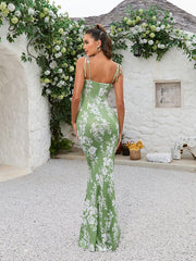 Tie Shoulder Fishtail Hem Floral Print Prom Dress Newgew Dresses