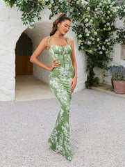 Tie Shoulder Fishtail Hem Floral Print Prom Dress Newgew Dresses