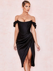 Cap Shoulder Corset Bodycon Midi Dress - Black Newgew Dresses