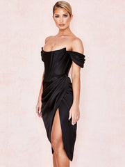Cap Shoulder Corset Bodycon Midi Dress - Black Newgew Dresses