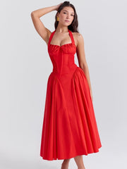 Red Backless Halter Midi Dress Newgew Dresses