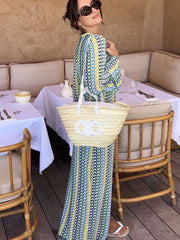Boho V Neck Bell Sleeve Wavy Striped Crochet Beach Vacation Maxi Dress - Yellow Newgew Dresses