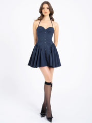 Navy Blue Pinstripe Halter Low-Waist Mini Dress Newgew Dresses