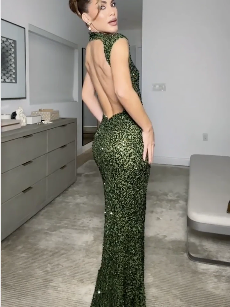 Elastic Sequin Backless Maxi Dress Newgew Dresses