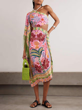 Fine Satin Art Palm Tree Floral Print Fringed Midi Dress Newgew Dresses