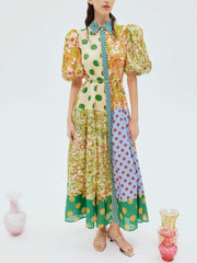Exquisite Retro Floral Print Puff Sleeve Midi Dress Newgew Dresses