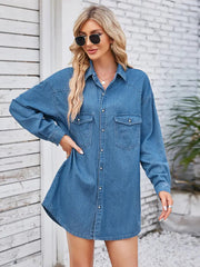 Vintage Washed Denim Long-Sleeve Midi Dress Newgew Dresses