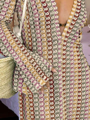 Boho V Neck Bell Sleeve Wavy Striped Crochet Beach Vacation Maxi Dress - Brown Newgew Dresses