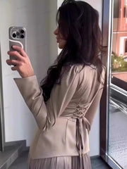 Color Block Splicing Slim Fit Lace-Up Long Sleeve Maxi Dress Newgew Dresses