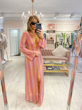 Boho V Neck Bell Sleeve Wavy Striped Crochet Beach Vacation Maxi Dress - Red Newgew Dresses