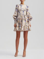 Flowers Plants Balloon Sleeves Mini Dress Newgew Dresses