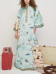 Modern Satin Art Island Print Slit Maxi Dress Newgew Dresses