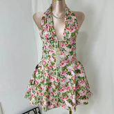 Deep V-Neck Halter Dress With Vintage Print PinTow