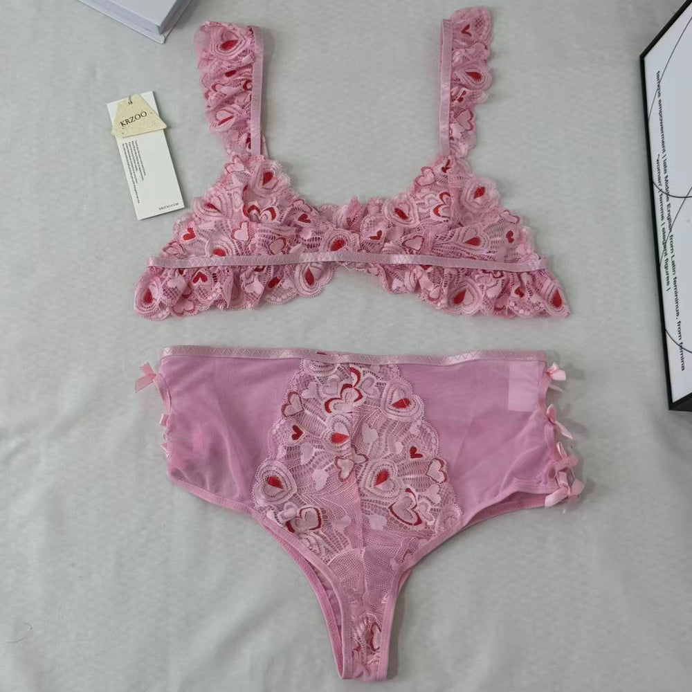 Mesh Heart Embroidery Hollow-Out Lingerie Set PinTow