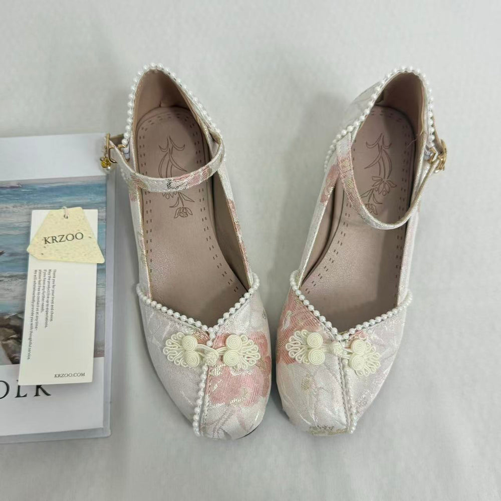 Block-Heel Shoes With Pearl-Embellished Straps PinTow