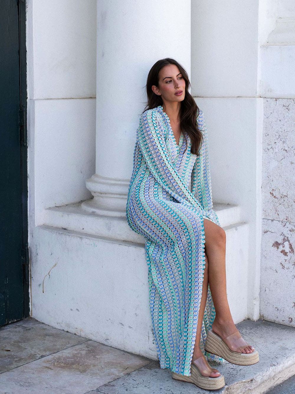 Boho V Neck Bell Sleeve Wavy Striped Crochet Beach Vacation Maxi Dress - Blue Newgew Dresses