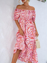 Smocked Print Off The Shoulder Midi Dress Newgew Dresses