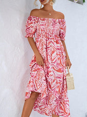 Smocked Print Off The Shoulder Midi Dress Newgew Dresses