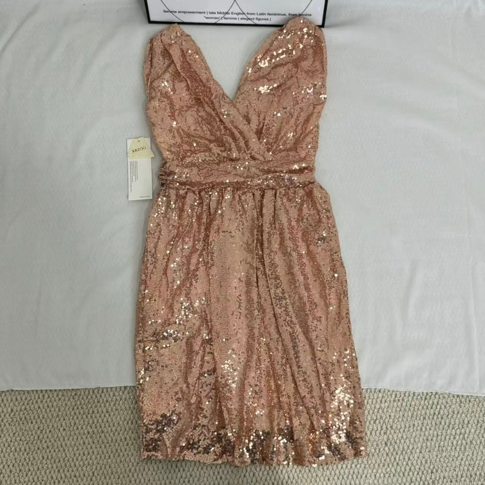 Sequined V-Neck Sleeveless Midi Dress PinTow